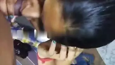 Cute girlfriend in bra giving blowjob to boyfriend